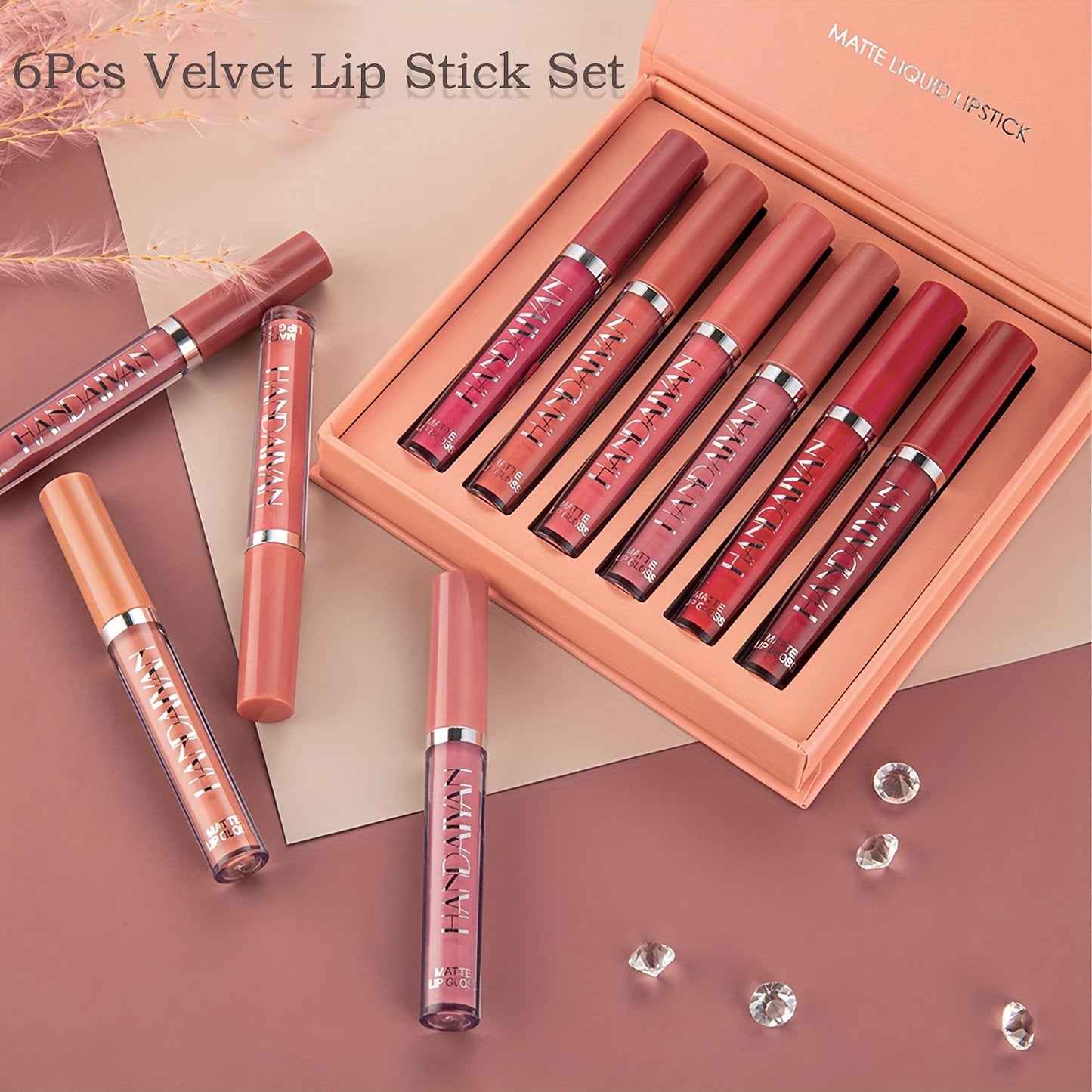 Ensemble de 6 rouges à lèvres liquides mats : longue tenue, anti-adhésif, imperméable, convient à tous les types de peau - Teintes roses, violettes et rouges!™