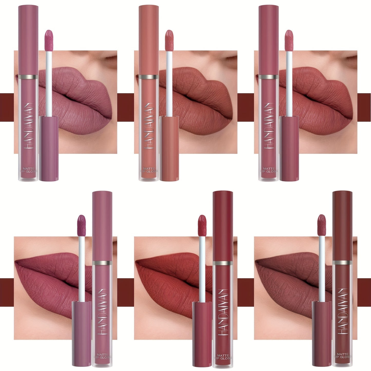 Ensemble de 6 rouges à lèvres liquides mats : longue tenue, anti-adhésif, imperméable, convient à tous les types de peau - Teintes roses, violettes et rouges!™