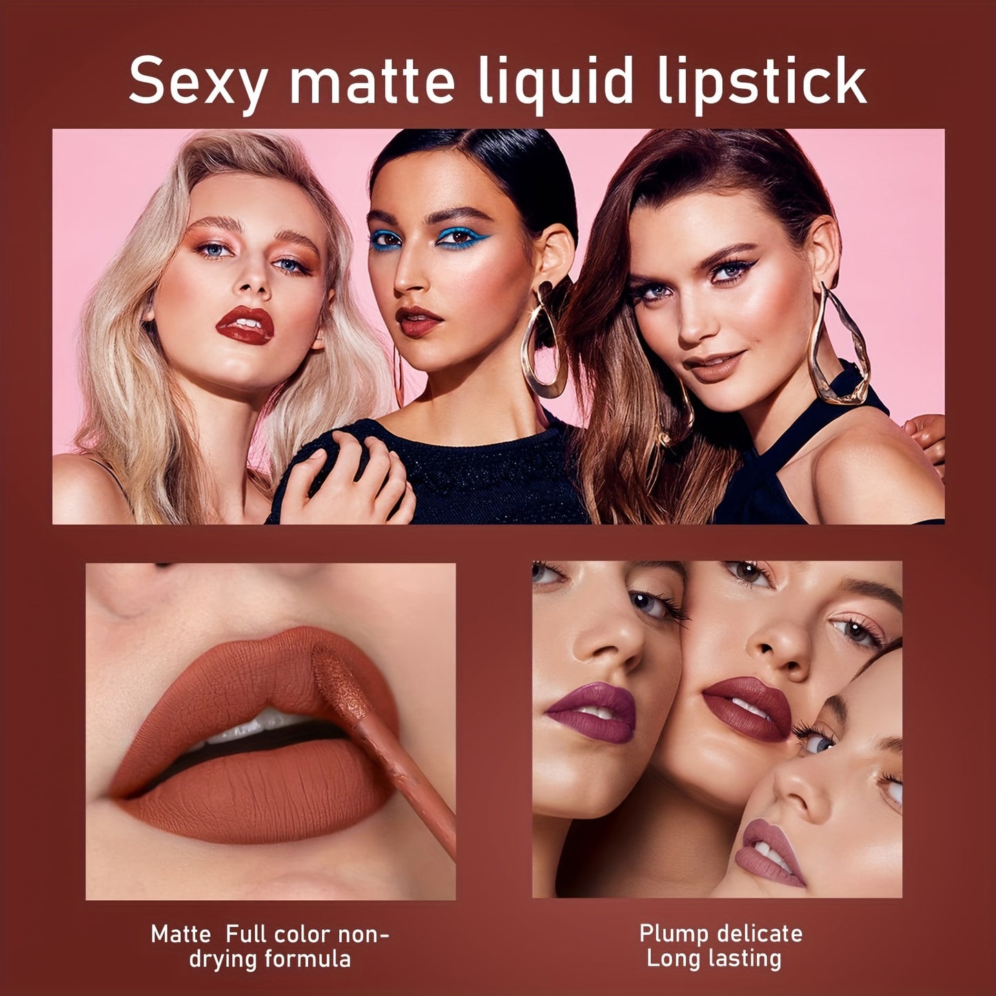 Ensemble de 6 rouges à lèvres liquides mats : longue tenue, anti-adhésif, imperméable, convient à tous les types de peau - Teintes roses, violettes et rouges!™